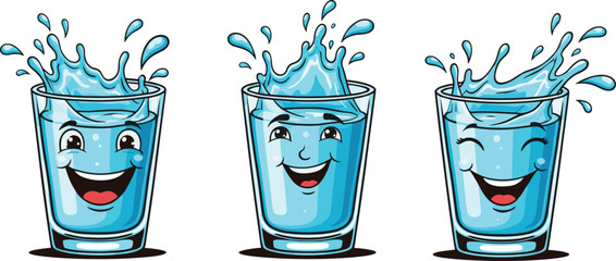 Smiling cartoon water glass characters splashing water, blue liquid mascot illustration, hydration concept, healthy drinking, fun kids education design