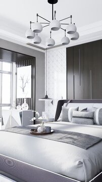 3D render vertical animation of a minimalist bedroom
