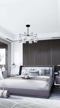 3D render vertical animation of a minimalist bedroom