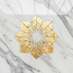 Luxurious Ramadan-themed background of white Carrara marble with delicate veins and applied real gold leaf geometric patterns