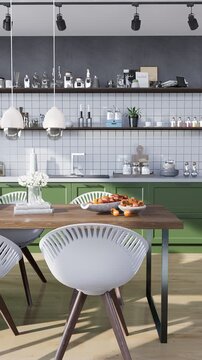 3D render vertical animation modern kitchen