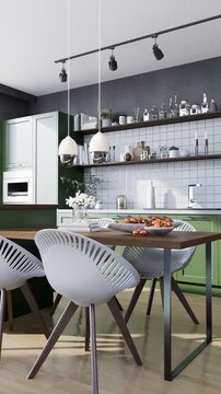3D render vertical animation modern kitchen
