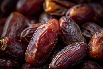 Macro background of whole dried dates highlighting their sticky texture, deep color variation, and wholesome natural food aesthetic