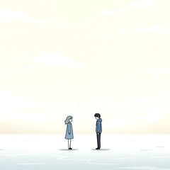 Obraz premium Distant Figures in a Vast, Empty Landscape: Two Souls Stand Apart Under a Soft Sky — Evoking Loneliness, Separation, and Quiet Longing