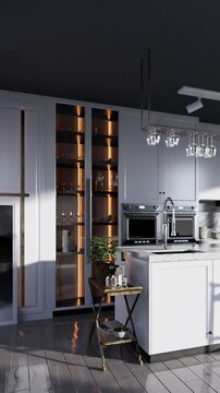 3D render vertical animation modern kitchen