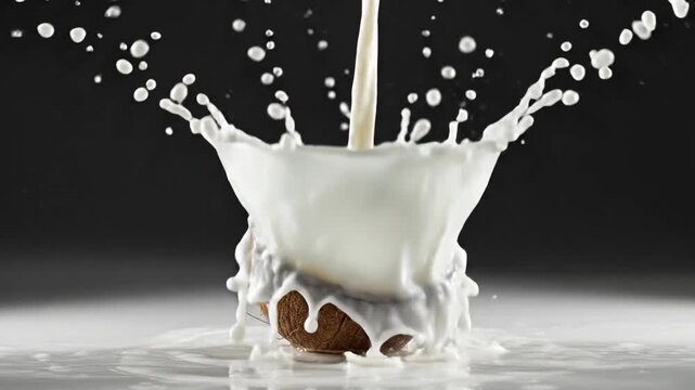 Coconut half with milk splash, creating dynamic liquid patterns against a dark background.