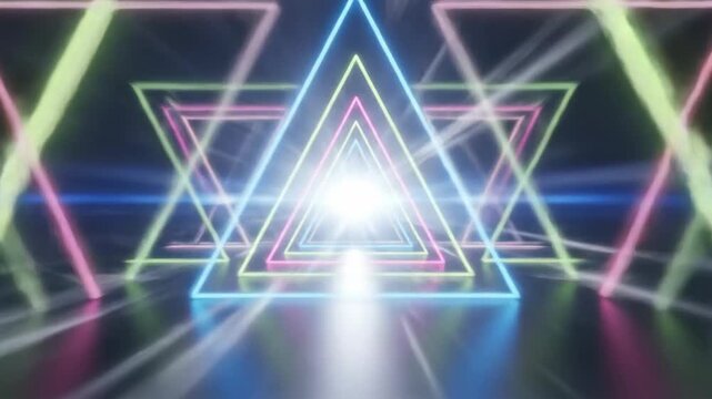 Abstract neon triangle tunnel with glowing lines, creating a futuristic and vibrant background.