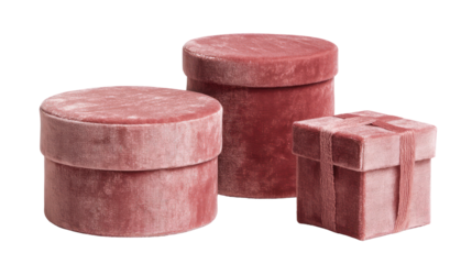 Pink velvet storage boxes, set of three, isolated on transparent background