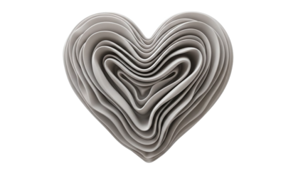 Intricate layered heart sculpture, gray monotone color palette, smooth curves, isolated on transparent background, high resolution, studio lighting, detailed texture