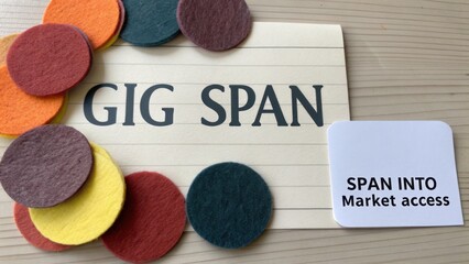 Colorful felt circles surrounding a card with the words "GIG SPAN" and "SPAN INTO Market access" on a light wooden background