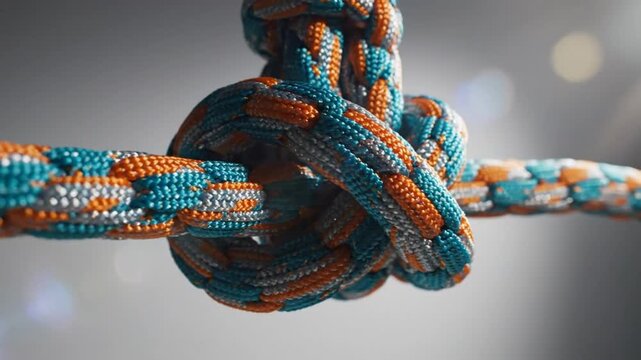 Close-up of a tightly knotted rope highlighting its interwoven strands against a bright, blurred backdrop