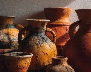 Textured background of traditional hand-thrown terracotta pottery with rustic glaze, crackled surfaces, and earthy neutral tones