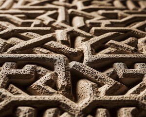 Tactile background of traditional Islamic relief carving, highlighting the craftsmanship of interwoven patterns and the play of light and depth