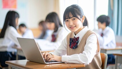 学校のノートパソコンで学習する女子高校生