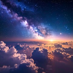 Milky Way arcs above clouds in an atmospheric sky, colorful at horizon glow, celestial beauty overhead