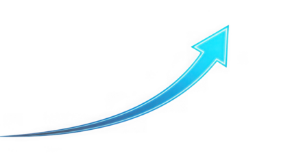 Shining blue arrow pointing upwards in a curve