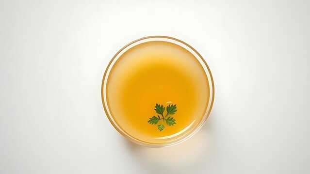 A single bowl of golden consomme with a delicate herb leaf, minimalist and pure.