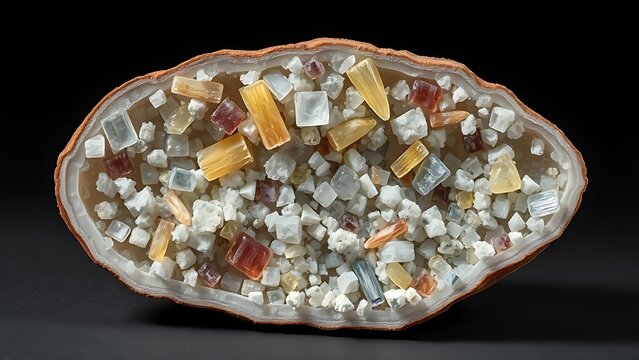 Polished cross-section of a mineral specimen with vari-colored crystals.