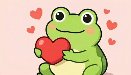 Obraz premium A charming cartoon frog with rosy cheeks holding a big red heart, surrounded by smaller floating hearts, spreading love and cuteness