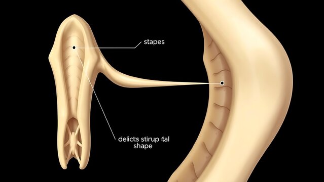 Detailed medical illustration of the stapes bone, showcasing its delicate stirrup shape and intricate structure.