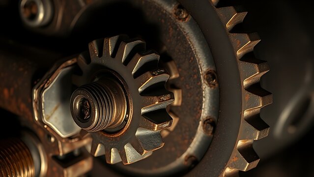 A rusted mechanical gear assembly with one jammed gear, metallic textures, industrial aesthetic.