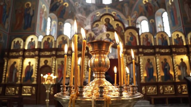 Burning candles and religious iconostasis inside a traditional Eastern Orthodox church with smoke rising