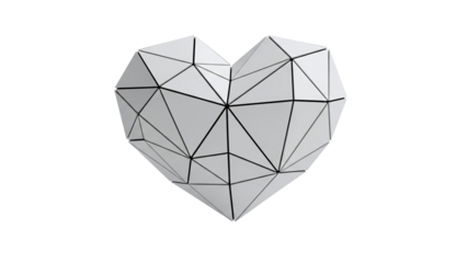 Grey polygonal heart shape with black lines, modern geometric design, isolated on transparent background, high contrast, sharp details, minimalist aesthetic