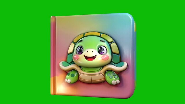 Cute 3D cartoon children&rsquo;s book featuring an adorable baby turtle, integrated into the cover design as embossed 3D element, isolated on green screen. Perfect for preschool, kids videos, and VFX.