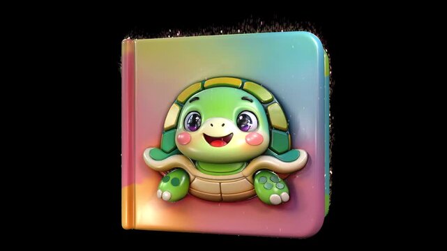 Cute 3D cartoon children&rsquo;s book featuring an adorable baby turtle, integrated into the cover design as embossed 3D element, with particles on black BG. Perfect for preschool, kids videos, and VFX.