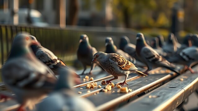 A common sparrow among pigeons pecking crumbs on a city park bench in morning light.
