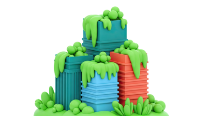 Stylized 3D Rendering of Colorful Geometric Forms with Green Slime