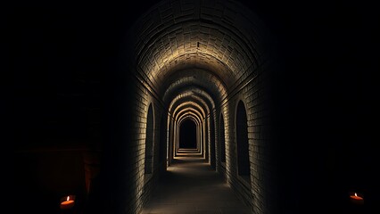 A narrow stone corridor with arched niches lit by flickering candles, deep perspective.