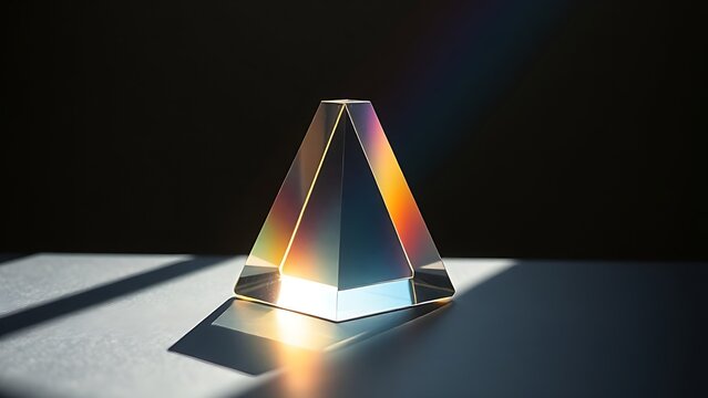 Clear glass prism refracting rainbow light spectrum on dark surface.