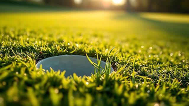 Fresh divot mark on golf course turf with upturned grass and morning dew.