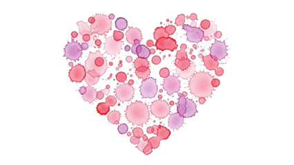 Vibrant pink and purple heart shape made of watercolor splatters, isolated on transparent background with soft natural lighting and pastel color palette