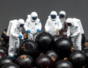Miniature astronauts explore a terrain of dark berries, against a grey backdrop, creating a surreal still life scene