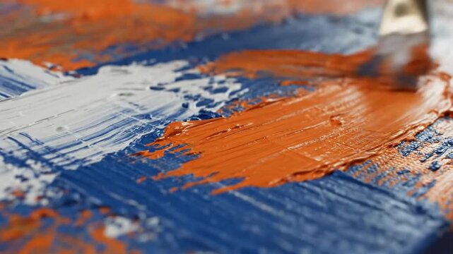 Close-up of artist applying orange paint with a brush on a canvas with blue and white colors, abstract expressionism