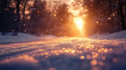 Winter Forest Path Bathed in Golden Sunset Light With Sparkling Snow and Floating Glitter