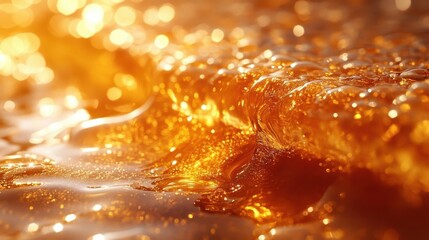 Close up Macro Of Golden Honey Dripping With Sun Flare And Bokeh Lights
