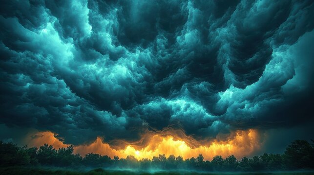 Dramatic dark blue storm clouds illuminated by intense orange light and silhouetted trees below - Powered by Adobe
