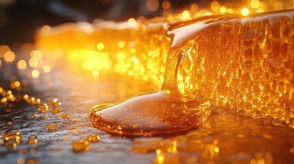 Golden Honey Dripping Over Honeycomb With Warm Bokeh Lights Macro Detail