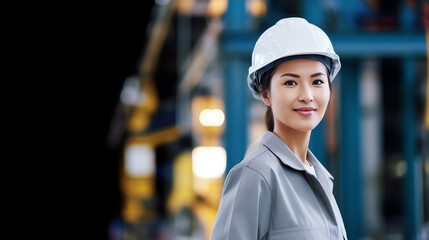 Smiling Asian Female Industrial Engineer in White Hard Hat at a Manufacturing Facility. Professional concept for women in STEM, corporate leadership, and advanced engineering roles.