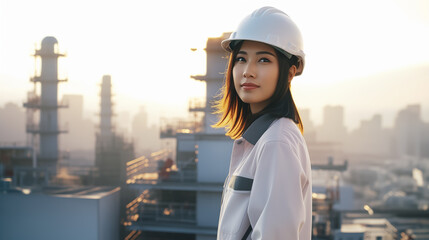 Professional Asian Female Engineer Wearing a White Hard Hat at an Industrial Plant. Concept for women in STEM, oil and gas refinery management, and advanced manufacturing leadership.