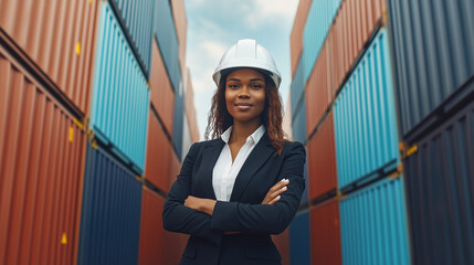 Confident Black Female Logistics Manager in Hard Hat Standing Between Shipping Containers. Concept for global trade, supply chain management, and leadership in the maritime industry.