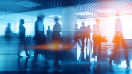 Abstract Motion Blur of Business Professionals in a Modern Glass Office. Corporate dynamic concept for global teamwork, fast-paced networking, and innovative workplace culture.