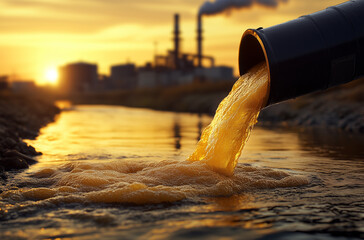 Industrial Waste Discharge Pouring from a Pipe into a River at Sunset. Environmental pollution concept for ecological crisis, chemical waste management, or water contamination awareness.