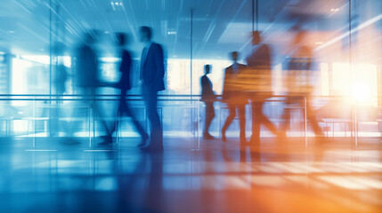 Motion Blur Silhouettes of Business People Walking in a Modern Blue and Orange Glass Office. Abstract concept for corporate pace, global networking, workplace dynamic, and team collaboration.