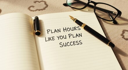 Fototapeta premium Open notebook with motivational quote 'Plan Hours Like You Plan Success' alongside a pen and glasses