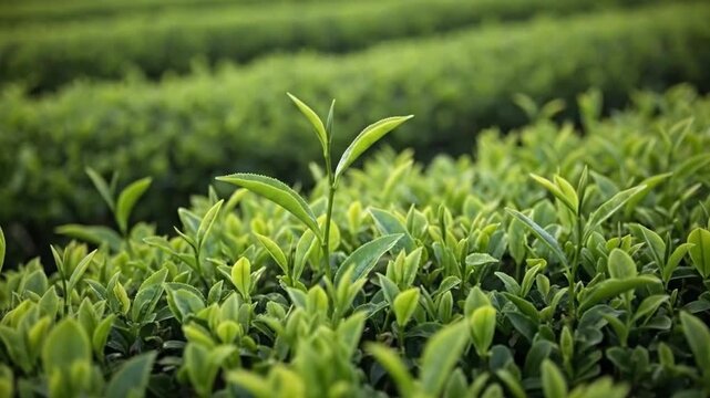 Lush green tea plantation with rows of plants stretching into the distance.