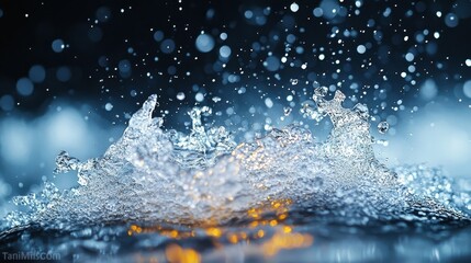 Abstract Splash Of Water With Golden Light Sparks And Bubbles In Dark Background